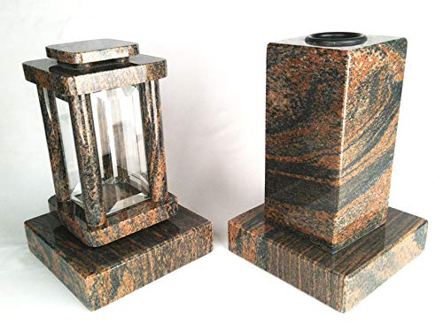 designgrab Modern Grablampe mit Cube-medium Vase und 2 Stück Sockel aus Granit Gneis Halmstad, Grabschmuckset von designgrab