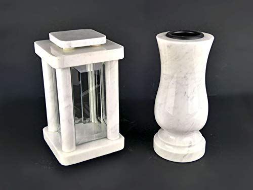 designgrab Modern Grablampe mit Vase aus Carrara Marmor weiß, Grabschmuckset von designgrab