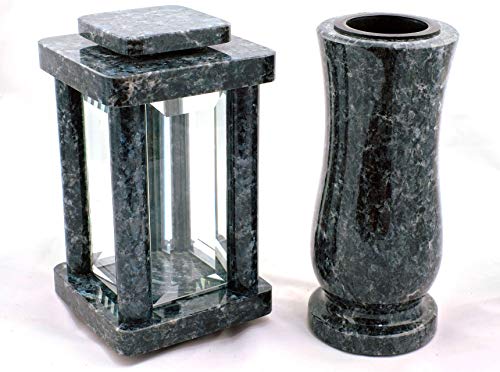 designgrab Modern Grablampe mit Vase aus Granit Labrador Blue Pearl, Grabschmuckset von designgrab