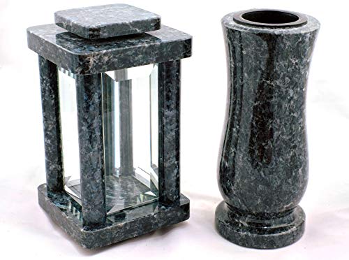 designgrab Modern Grablampe mit Vase aus Granit Labrador Blue Pearl, Grabschmuckset von D4G Design4Grab