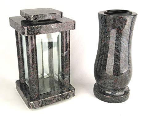 designgrab Modern Grablampe mit Vase aus Granit Orion, Grabschmuckset von designgrab