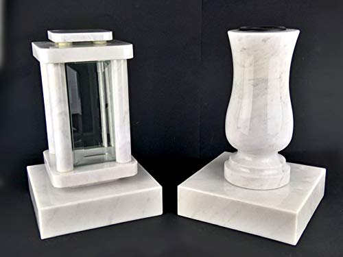 designgrab Modern Grablampe mit Vase und 2 Stück Sockel aus Carrara Marmor weiß, Grabschmuckset von designgrab