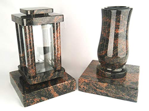 designgrab Modern Grablampe mit Vase und 2 Stück Sockel aus Granit Aurora, Grabschmuckset von designgrab
