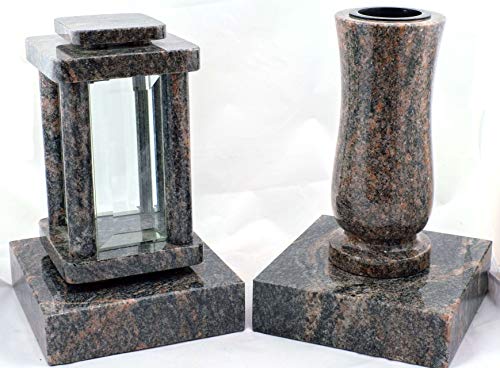 designgrab Modern Grablampe mit Vase und 2 Stück Sockel aus Granit Himalaya, Grabschmuckset von designgrab