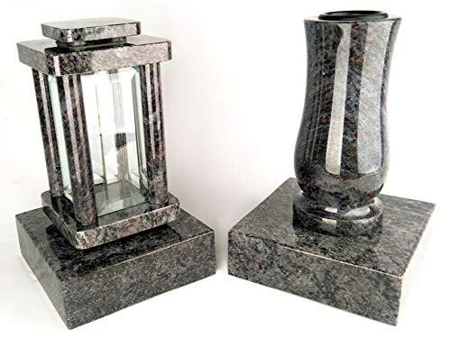 designgrab Modern Grablampe mit Vase und 2 Stück Sockel aus Granit Orion, Grabschmuckset von designgrab