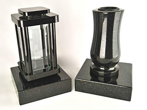 designgrab Modern Grablampe mit Vase und 2 Stück Sockel aus Granit Schwedisch Black SS1 schwarz, Grabschmuckset von designgrab