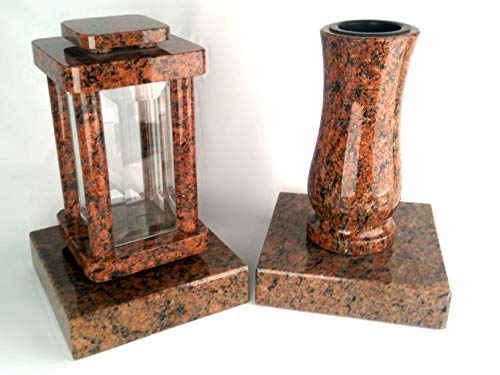 designgrab Modern Grablampe mit Vase und 2 Stück Sockel aus Granit Vanga, Grabschmuckset von designgrab