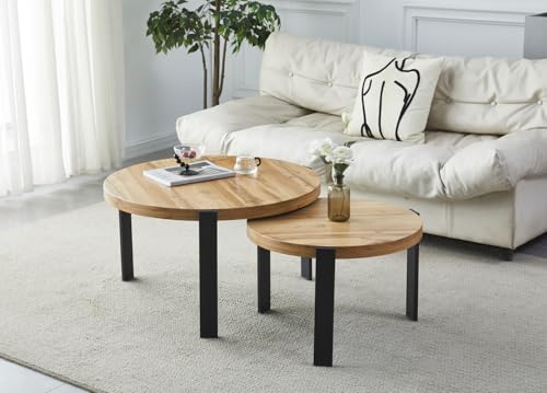 Design 2er Set Couchtisch GP-111 Echtholz rund Tisch Wohnzimmertisch, Farbe:Eiche Artisan - Schwarz matt von designimpex