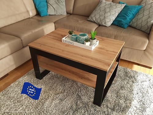 Design Couchtisch DA-222 Eiche Wotan/Schwarz matt 90x60x50 cm eckig Couch Table Ablage Living Room Table Moderne Tische Wohnzimmertisch Beistelltisch Sofa Tisch Wohnzimmer von designimpex
