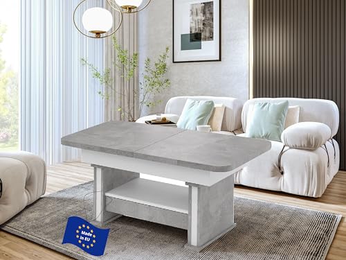 designimpex DA-555 Couchtisch Beton/Weiß matt ausziehbar höhenverstellbar mit Schublade 120/200 cm modern Wohnzimmertisch Esstisch Beistelltisch Sofatisch platzsparend hochwertig Wohnzimmer von designimpex