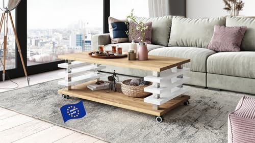 DC-3 Couchtisch Eiche Gold/Weiß Hochglanz 120x60cm mit Ablage modern stabil vielseitig Wohnzimmertisch Beistelltisch Sofatisch Zeitloses Design platzsparend robust Wohnzimmer mit Rollen von designimpex