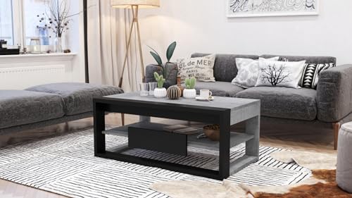 Design Couchtisch Frame Multifunktion Arbeitstisch aufklappbar Tisch, Farbe:Beton - Schwarz matt von designimpex