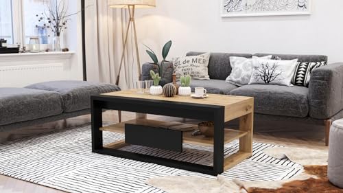 Design Couchtisch Frame Multifunktion Arbeitstisch aufklappbar Tisch, Farbe:Eiche Artisan - Schwarz matt von designimpex