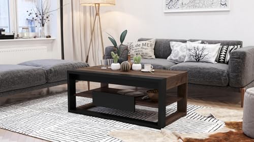 Design Couchtisch Frame Multifunktion Arbeitstisch aufklappbar Tisch, Farbe:Eiche dunkel - Schwarz matt von designimpex