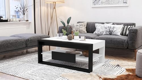 Design Couchtisch Frame Multifunktion Arbeitstisch aufklappbar Tisch, Farbe:Weiß matt/Schwarz matt von designimpex