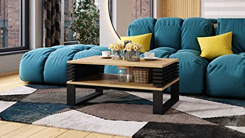 Design Couchtisch Gokee Tisch Wohnzimmertisch 90x42x60cm mit Ablagefläche, Farbe:Eiche Artisan - Schwarz matt von designimpex