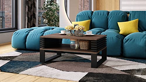 Design Couchtisch Gokee Tisch Wohnzimmertisch 90x42x60cm mit Ablagefläche, Farbe:Eiche dunkel/Schwarz matt von designimpex