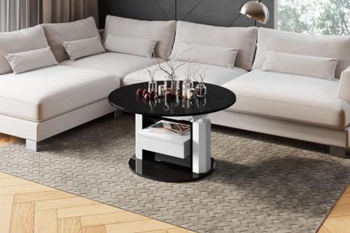 designimpex Couchtisch HPM-111 Hochglanz ausziehbar höhenverstellbar mit Schublade, Farbe:Schwarz Hochglanz/Weiß Hochglanz von designimpex