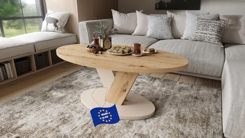Design Couchtisch Lova Eiche Artisan/Beige matt 110x45x60 cm oval Couch Table Ablage Stubentisch Living Room Table Moderne Tische ovaler Wohnzimmertisch Sofa Wohnzimmer Küchentisch von designimpex