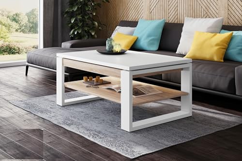 Design Couchtisch Multifunktion Arbeitstisch Tisch Nuo Ablage Esstisch, Farbe:Weiß matt/Sonoma Eiche von designimpex