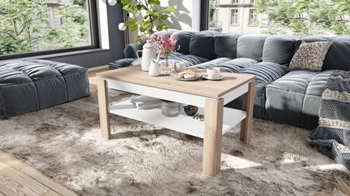 Design Couchtisch Tisch Asti-P höhenverstellbar 55-67cm Esstisch, Farbe:Sonoma Eiche - Weiß matt von designimpex