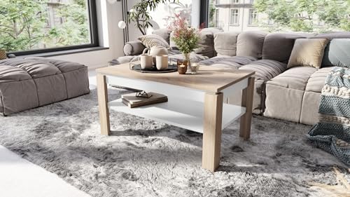 Design Couchtisch Tisch Asti-R ausziehbar mit Ablagefläche Esstisch, Farbe:Sonoma Eiche - Weiß matt von designimpex