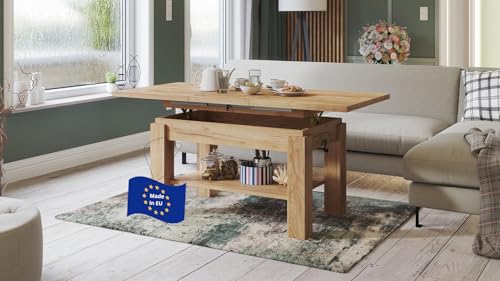 designimpex Astoria Couchtisch ausziehbar höhenverstellbar 110/150cm in Eiche Gold modern Ablage Wohnzimmertisch Esstisch Beistelltisch Sofatisch Couch Tisch Living Room Table Wohnzimmer von designimpex