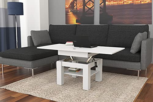 Design Couchtisch Tisch Cleo stufenlos höhenverstellbar 57-69cm aufklappbar 75 / 150cm Esstisch, Farbe:Weiß matt von designimpex