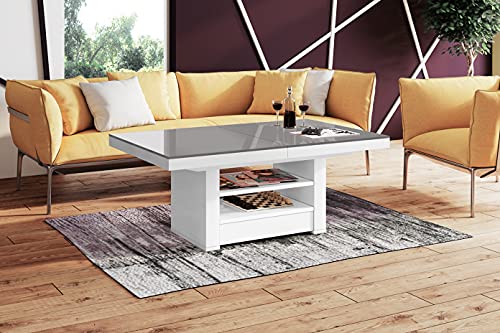 Design Couchtisch Tisch HLM-111 Hochglanz Schublade höhenverstellbar ausziehbar (Grau/Weiß Hochglanz) von designimpex