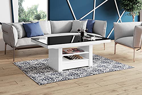 Design Couchtisch Tisch HLM-111 Hochglanz Schublade höhenverstellbar ausziehbar (Schwarz/Weiß Hochglanz) von designimpex