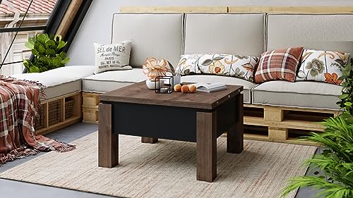 Design Couchtisch Tisch Oslo höhenverstellbar 49 / 76cm aufklappbar 80 / 160cm Esstisch, Farbe:Eiche dunkel - Schwarz matt von designimpex