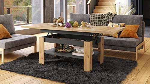 Design Couchtisch Tisch Rio stufenlos höhenverstellbar 55-67 cm ausziehbar 130-170cm mit Ablagefläche Esstisch, Farbe:Eiche Artisan - Anthrazit matt von designimpex
