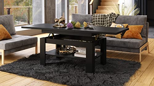 Design Couchtisch Tisch Rio stufenlos höhenverstellbar 55-67 cm ausziehbar 130-170cm mit Ablagefläche Esstisch, Farbe:Schwarz matt von designimpex