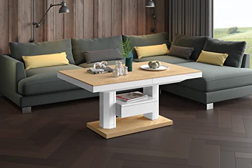 Design Couchtisch Tisch mit Schublade HM-120 Hochglanz stufenlos höhenverstellbar ausziehbar Esstisch, Farbe:Eiche Natur - Weiß Hochglanz von designimpex