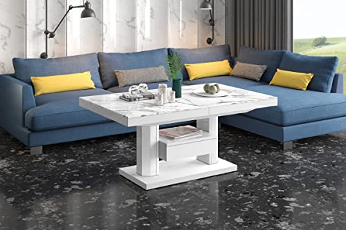 Design Couchtisch Tisch mit Schublade HM-120 Hochglanz stufenlos höhenverstellbar ausziehbar Esstisch, Farbe:Marmor Natur Hochglanz - Weiß Hochglanz von designimpex