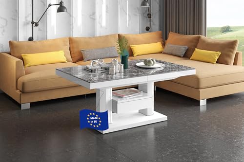 designimpex HM-120 Couchtisch Marmor dunkel/Weiß Hochglanz ausziehbar höhenverstellbar 120/170cm Schublade modern Wohnzimmertisch Esstisch Beistelltisch Sofatisch platzsparend hochwertig Wohnzimmer von designimpex