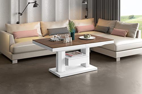 Design Couchtisch Tisch mit Schublade HM-120 Hochglanz stufenlos höhenverstellbar ausziehbar Esstisch, Farbe:Rostoptik matt - Weiß Hochglanz von designimpex