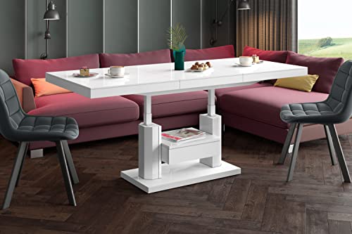 Design Couchtisch Tisch mit Schublade HM-120 Hochglanz stufenlos höhenverstellbar ausziehbar Esstisch, Farbe:Weiß Hochglanz von designimpex