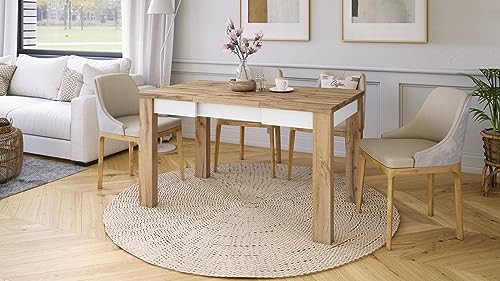 Design Esstisch Tisch Fonte ausziehbar 85 bis 130 cm, Farbe:Eiche Wotan - Weiß matt von designimpex
