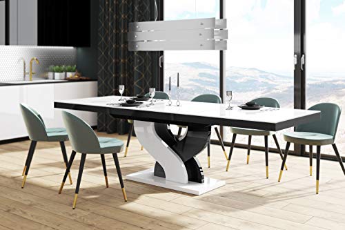 Design Esstisch Tisch HEB-111 Hochglanz ausziehbar 160 bis 256 cm, Farbe:Weiß Hochglanz/Schwarz Hochglanz von designimpex