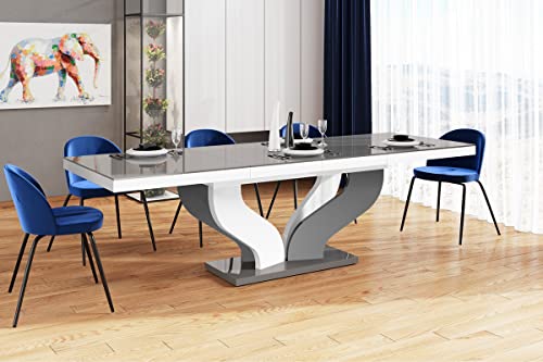 Design Esstisch Tisch HEB-222 Hochglanz ausziehbar 160 bis 256 cm, Farbe:Grau Hochglanz/Weiß Hochglanz von designimpex
