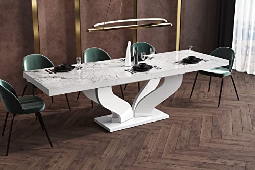 Design Esstisch Tisch HEB-222 Hochglanz ausziehbar 160 bis 256 cm, Farbe:Marmoroptik Hochglanz - Weiß Hochglanz von designimpex