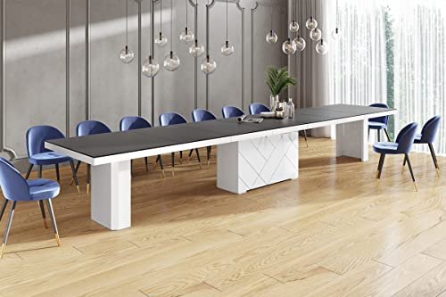 Design Esstisch Tisch HEK-111 Hochglanz XXL ausziehbar 180 bis 468 cm (Anthrazit matt/Weiß Hochglanz) von designimpex