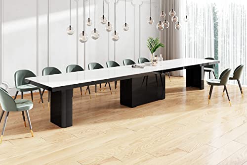 Design Esstisch Tisch HEK-111 Hochglanz XXL ausziehbar 180 bis 468 cm (Weiß Hochglanz/Schwarz Hochglanz) von designimpex