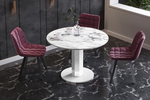 Design Esstisch Tisch HES-111 rund oval Hochglanz ausziehbar 100-148cm, Farbe:Marmor Natur Hochglanz - Weiß Hochglanz von designimpex