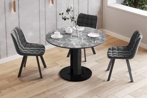 Design Esstisch Tisch HES-111 rund oval Hochglanz ausziehbar 100-148cm, Farbe:Marmor dunkel - Schwarz Hochglanz von designimpex