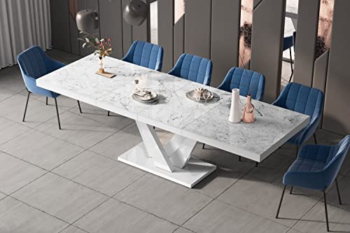 Design Esstisch Tisch HEV-111 ausziehbar 160 bis 256 cm, Farbe:Marmoroptik Hochglanz - Weiß Hochglanz von designimpex