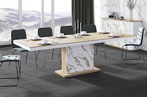 Design Esstisch Tisch HME-111 Hochglanz ausziehbar 160 bis 256 cm, Farbe:Eiche Natur - Marmor Gold von designimpex