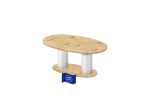 HBL-1111 Couchtisch Eiche Artisan / Weiß Hochglanz ausziehbar höhenverstellbar 130 / 170 cm Oval modern vielseitig Wohnzimmertisch Esstisch Beistelltisch Sofatisch platzsparend hochwertig Wohnzimmer von designimpex