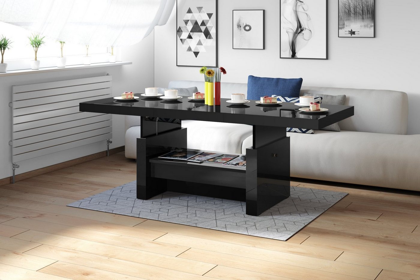 designimpex Couchtisch Aversa H-111 Schwarz Hochglanz Schublade höhenverstellbar ausziehbar von designimpex